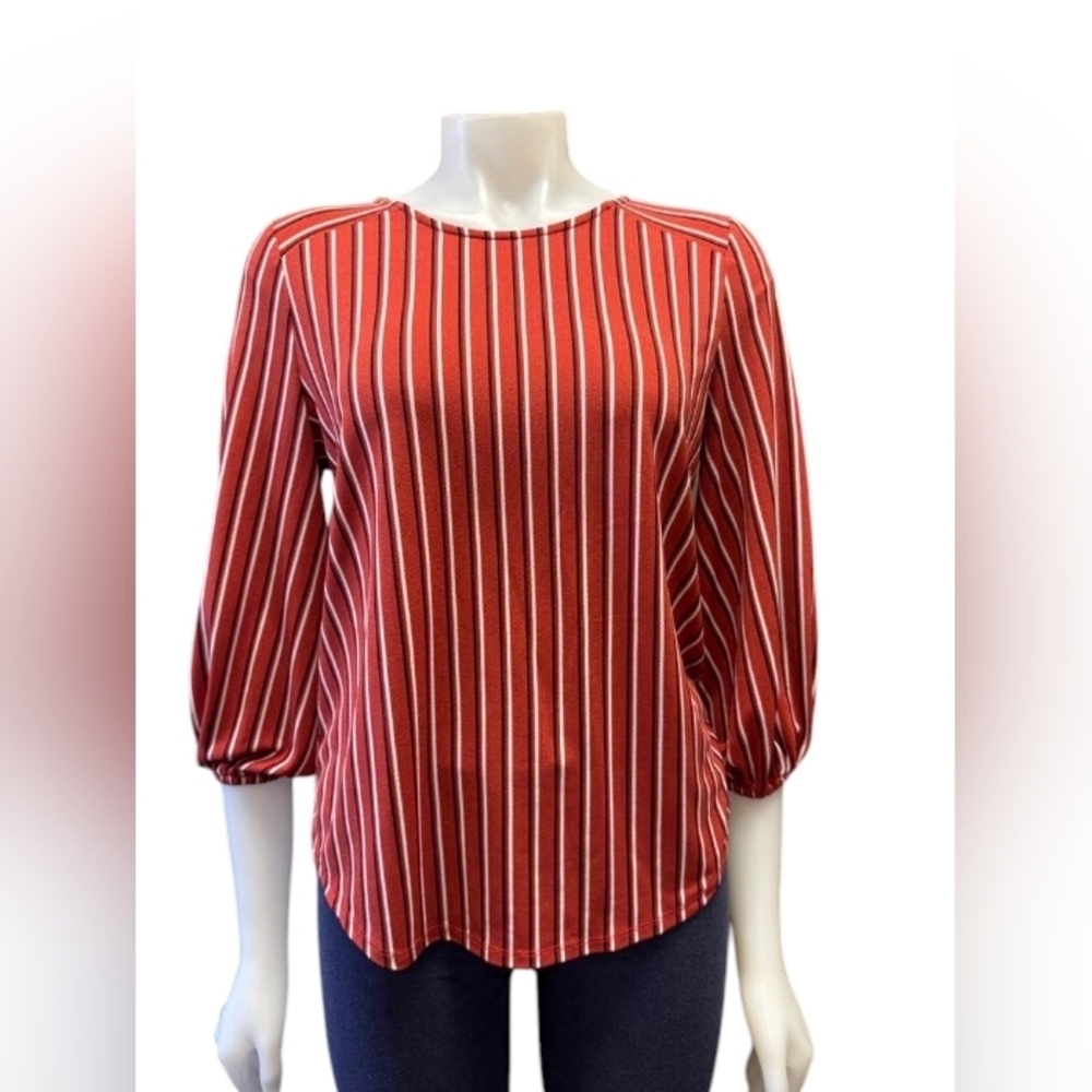 Adrianna Papell EUC Blouse 3/4 Sleeve Orange Stripped Size Small